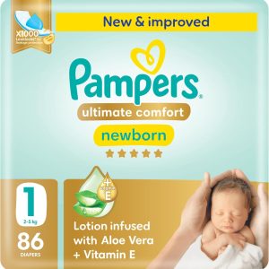 Pampers Ultimate Comfort Taped Diapers, Size 1, 2-5kg, Mega Pack, 86 Count